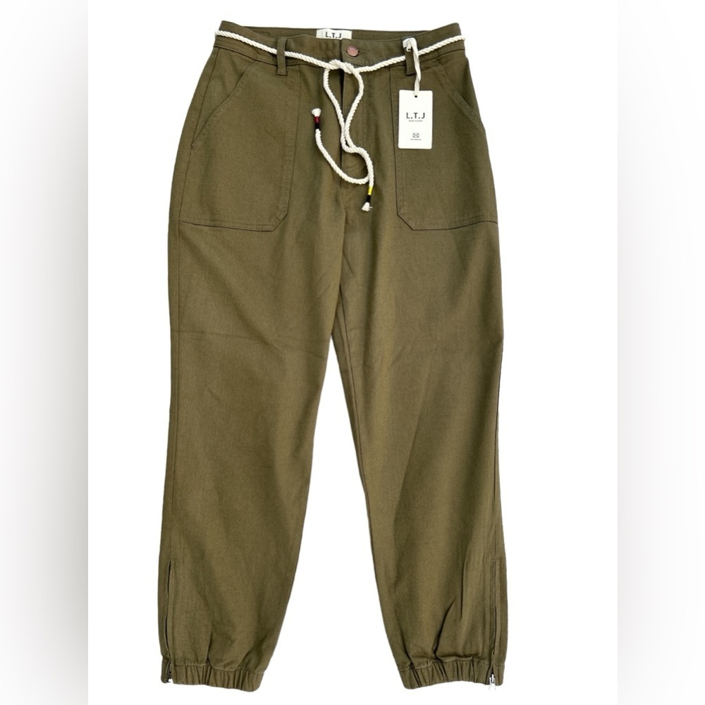 LTJ Olive‎ Green Jogger Pants High Waist Drawstring Zipper Ankle Size Large